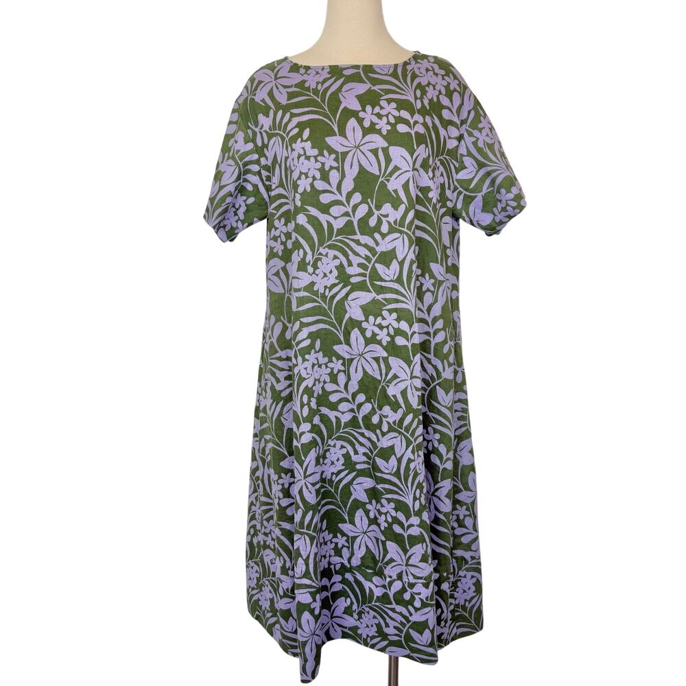 Voyageur By Mersea Linen Midi Dress S Oversized Green/Lilac Short Sleeves